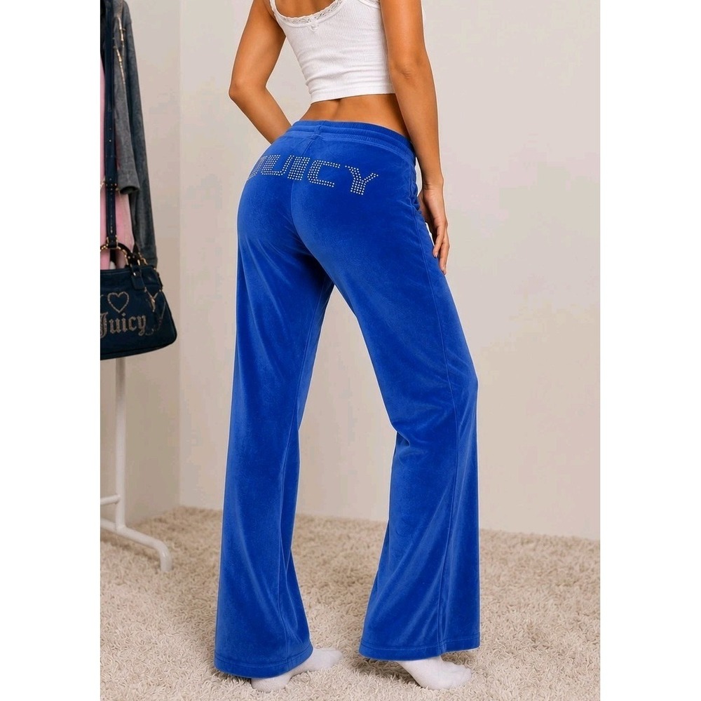 Juicy Couture Velour Lounge Pants Womens Medium Blue Y2K Rhinestone JUICY
